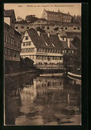 AK Calw, Partie an der Nagold mit Restaurant Haydt und Bezirkskommando