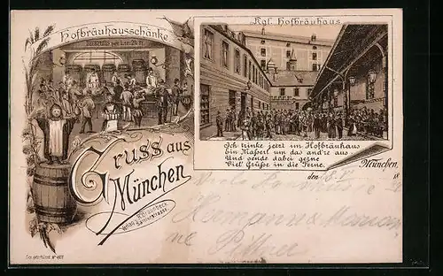 Vorläufer-Lithographie München, Münchner Hofbräuhaus mit Kundschaft, Münchner Kindl, 1894
