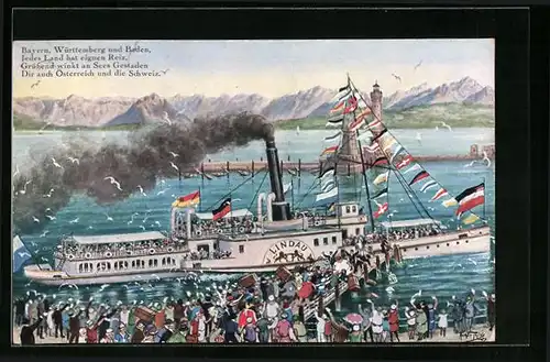 Künstler-AK Arthur Thiele: Lindau, Salondampfer Lindau in Flaggengala auf dem Bodensee