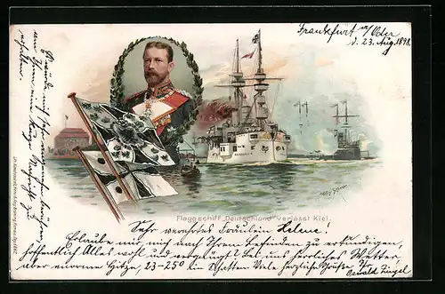 Künstler-AK Willy Stoewer: Kiel, Flaggschiff Deutschland den Hafen verlassend, Friedrich III. im Portrait