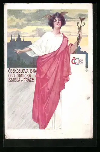 Künstler-AK Prag / Praha, Allegorische Frauengestalt mit Stadtpanorama, Handel