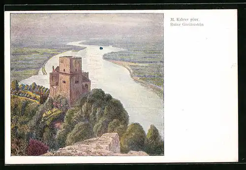 Künstler-AK Greifenstein, Panoramaansicht der Burgruine