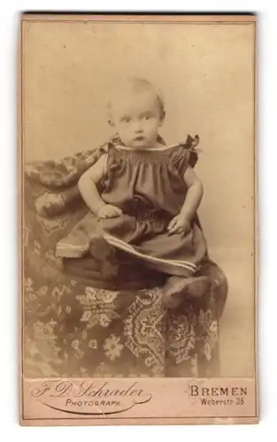 Fotografie F. D. Schrader, Bremen, Weber-Str. 38, niedliches Kleinkind auf einem Sessel