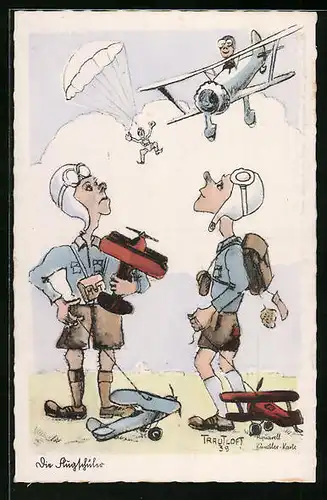 Künstler-AK Ein Flugschüler, Piloten mit Spielzeug-Flugzeugen blicken in die Wolken, Fallschirmjäger, Fliegerhumor