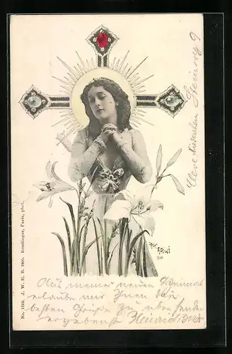 AK Heilige Maria mit Blumen vor Kreuz, Religion