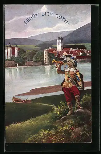AK Säckingen, Behüt Dich Gott!, Trompeter am Ufer mit Blick zur Kirche