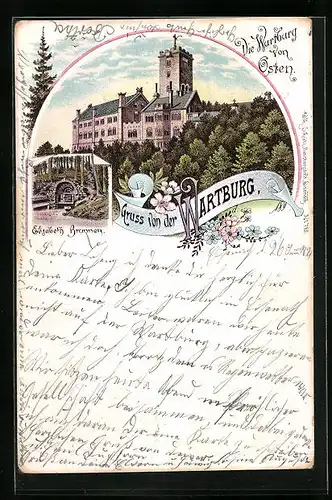 Lithographie Eisenach, Wartburg, Elisabeth-Brunnen