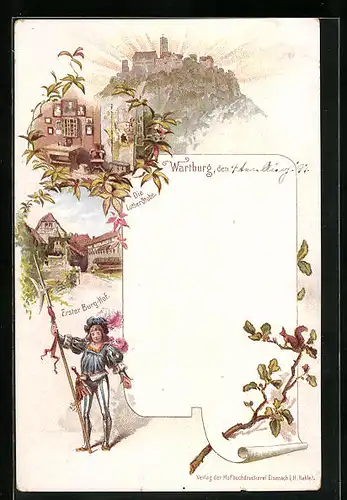 Lithographie Eisenach, Wartburg, Die Luther-Stube, Erster Burg-Hof