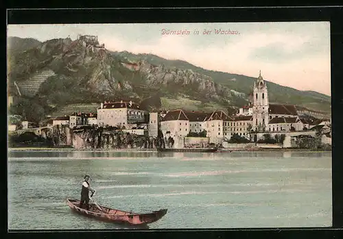 AK Dürnstein /Wachau, Ortsansicht am Wasser mit Kahnfahrer