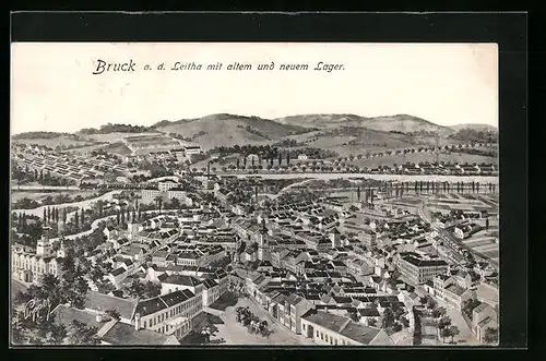 AK Bruck /Leitha, Ortsansicht aus der Vogelschau mit altem und neuen Lager