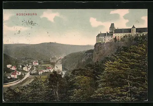 AK Rosenburg, Teilansicht mit Burg aus der Vogelschau