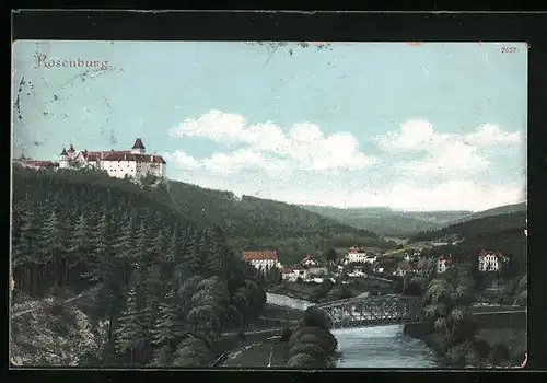 AK Rosenburg, Ortsansicht mit Schloss und Flussbrücke