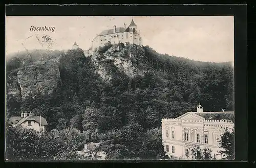 AK Rosenburg, Ansicht der Burg mit Gasthaus Wertl