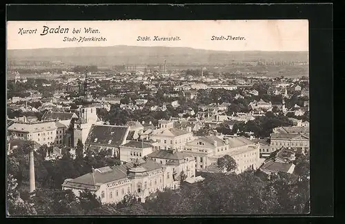 AK Baden bei Wien, Ortsansicht mit Kuranstalt und Stadt-Theater aus der Vogelschau