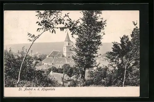 AK St. Andrä v. d. Hagentale, Blick auf die Kirche durch das Geäst