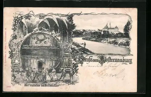 Künstler-AK Klosterneuburg, Stiftskirche, Fasslrutschen im Restaurant Stiftskeller