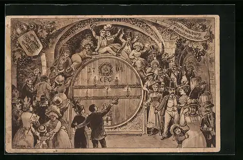 Künstler-AK Klosterneuburg, Fasslrutscher im Restaurant Stiftskeller