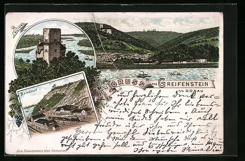 Vorläufer-Lithographie Greifenstein, 1895, Ortsansicht mit Burg, Bahnhof