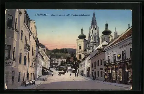 AK Mariazell, Grazerstrasse mit Wallfahrtskirche
