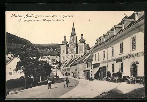 AK Mariazell, Grazerstrasse und Wallfahrtskirche