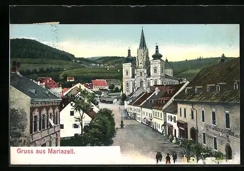 AK Mariazell, Gasthof zur goldenen Krone mit der Pilgerkirche