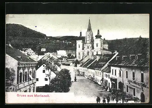 AK Mariazell, Ortspartie mit der Wallfahrtskirche