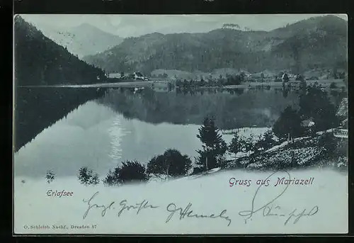 Mondschein-AK Mariazell, Erlafsee mit Alpenpanorama