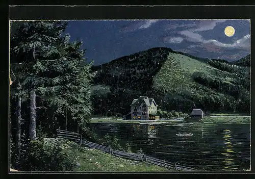 AK Erlafsee bei Mariazell, Seeblick bei Mondschein