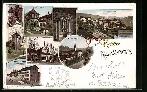 Lithographie Maulbronn, Kloster, Brunnen, Hotel zur Post, Faustthurm