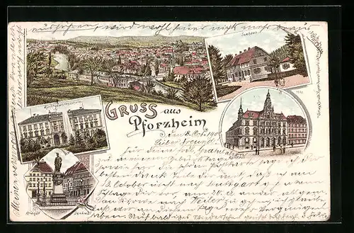 Lithographie Pforzheim, Krieger-Denkmal, Seehaus, Rathaus, Kunstgewerbeschule
