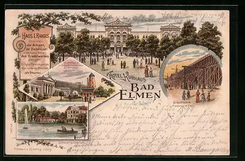 Lithographie Bad Elmen, Gäste vor dem Hotel Kurhaus, Gradirwerk, Schwanenteich