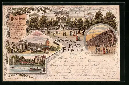 Lithographie Bad Elmen, Bohrturm mit Inhalationshalle und Lindenbad, Gradirwerk, Schwanenteich