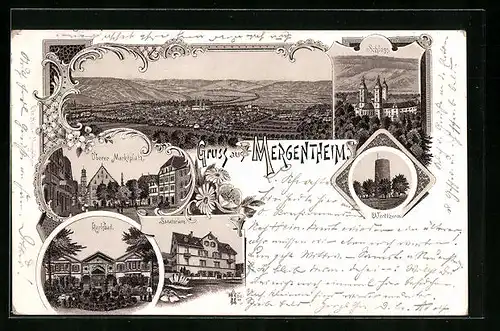 Lithographie Mergentheim, Oberer Marktplatz, Karlsbad, Sanatorium