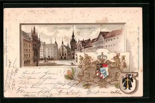 Passepartout-Lithographie München, Marienplatz, Wappen