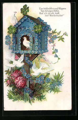 Präge-AK Blumenbild aus Vergissmeinnicht mit weissen Tauben