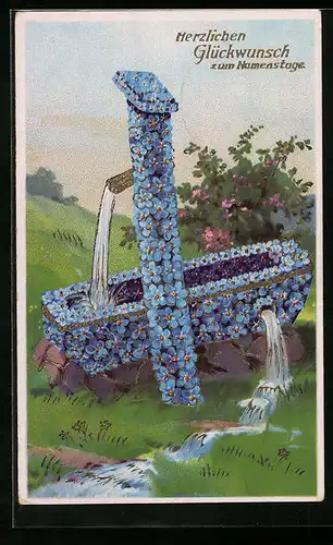 AK Blumenbild aus Vergissmeinnicht mit Brunnen