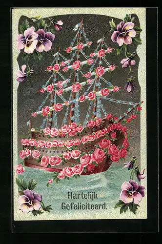 Präge-AK Rosengeschmücktes Segelschiff, Blumenbild