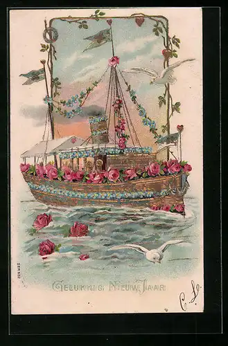 Präge-AK Rosengeschmückter Dampfer, Blumenbild