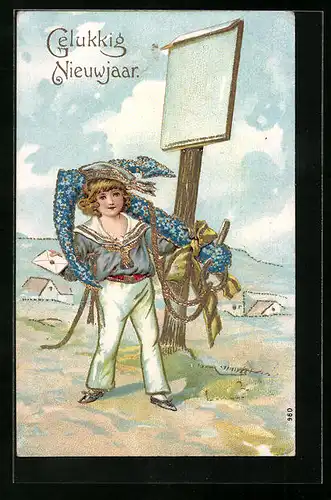 Präge-AK Matrose mit Anker aus Vergissmeinnicht, Blumenbild