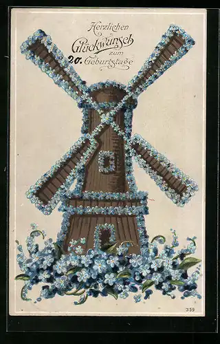 Präge-AK Windmühle mit Vergissmeinnicht verziert, Blumenbild