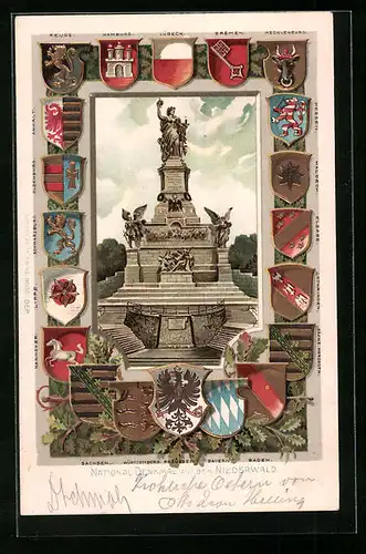 Passepartout-Lithographie Nationaldenkmal auf dem Niederwald, gerahmt von Wappen