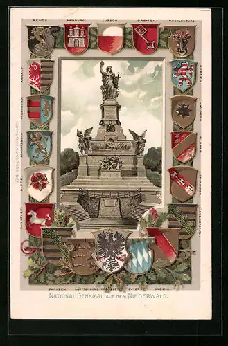 Passepartout-Lithographie Nationaldenkmal auf dem Niederwald, gerahmt von Wappen