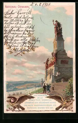 Lithographie National-Denkmal auf dem Niederwald, Blick nach Koblenz