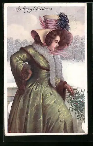 Künstler-AK Brüder Kohn (B.K.W.I) Nr. 2835-1: Dame im Wintermantel mit Mistelzweigen