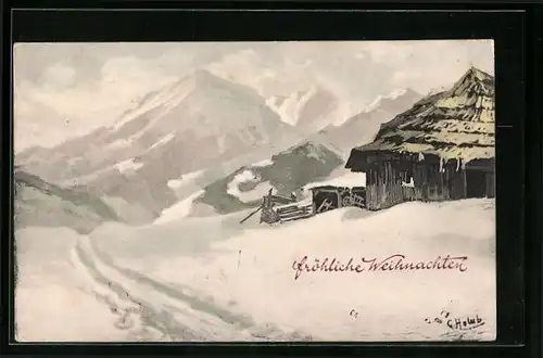 Künstler-AK Brüder Kohn (B.K.W.I) Nr. 2679 /6: Almhütte in den Bergen, Weihnachtsgruss