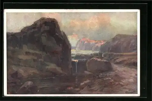 Künstler-AK Brüder Kohn (B.K.W.I) Nr. 720 /3: Karge Felslandschaft mit Wasserfall