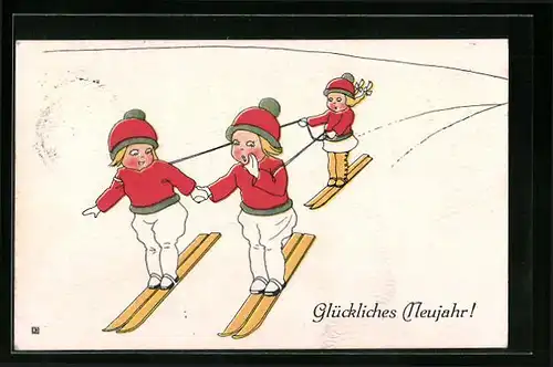 Künstler-AK Brüder Kohn (B.K.W.I) Nr. 3048-2: Drei Mädchen fahren auf Skiern ins neue Jahr