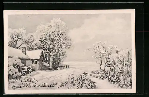 Künstler-AK Brüder Kohn (B.K.W.I) Nr. 2879-5: Eingeschneites Gehöft, Weihnachtsgruss