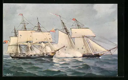 Künstler-AK Christopher Rave: Amerik. Schoner Rossie im Kampf mit dem englischen Kriegsschiff Prinzess Amelia