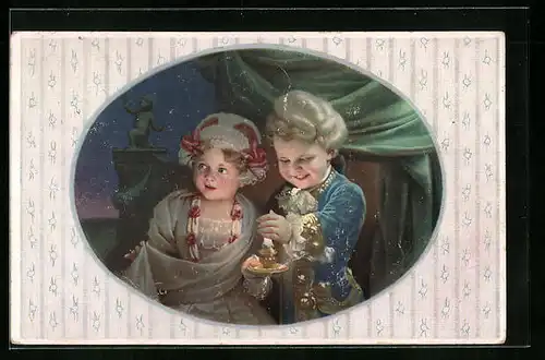 Künstler-AK M. Munk Nr. 1121: Freudige Kleinkinder mit Kerzenlampe in der Hand